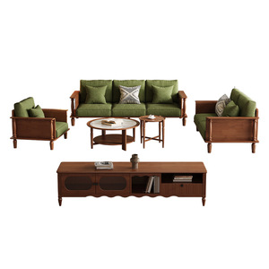 Sofá Americano Retro de Madera Maciza para Sala de Estar, Estilo de Gama Media, Combinación de Tres Plazas, Tapizado en Verde - Product Image 2