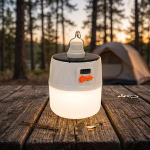 Lámpara LED Solar Integrada Recargable para Camping, DC5V-6V 100W, Carga USB/Solar, Material PP, Batería de 2400mAh, 3 Niveles de Intensidad, con Gancho - Product Image 1