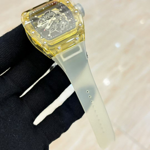 High-quality RM Style Yellow Crystal Case Skeleton Automatic <b>Watch</b> With White <b>Rubber</b> Strap - Product Image 4