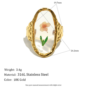 Anello Ovale Lungo <span class=keywords><strong>con</strong></span> Fiore di Ciliegio, Vendita Calda in Europa e America, in Acciaio Inox Placcato <span class=keywords><strong>con</strong></span> Goccia d'Olio 18K, Anello a Margherita per Donne - Product Image 3