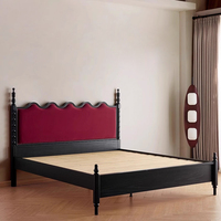 Cadre de lit vintage français avec tête de lit ondulée, en bois massif, mobilier de chambre à coucher, assemblage facile, dossier rembourré doux, pour chambre principale