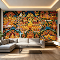 Papier peint mural traditionnel thaïlandais pour temple bouddhiste, art religieux d'Asie du Sud-Est, papier peint autocollant pour la décoration de la maison