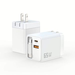 High 65W GaN <b>Multi</b> Port 3 in 1 Retractable Telescopic PD Super Fast Charging Head Adapter US Wall Phone <b>Charger</b> Plug for iPhone - Product Image 2