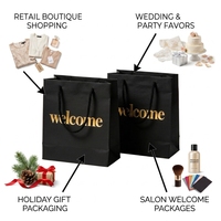 Sacs cadeaux en papier noir premium FB23 avec gaufrage doré « Bienvenue » pour les cadeaux de fête et les cadeaux d'événements