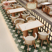 Ensemble de mobilier de restaurant commercial moderne, table en marbre, chaises en rotin tressé, canapé en cuir, banquettes, café, hôtel