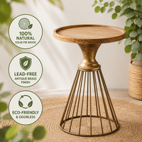Petite table d'appoint ronde avec plateau en bois de sapin, base en fil métallique, style industriel vintage pour salon