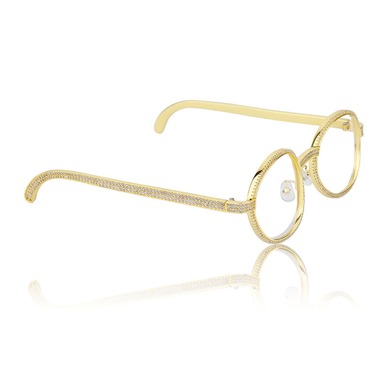 Hip hop glasses inlaid with gem metal frame wooden red leg glasses trendy fashion avant-garde personalized decorative glasses