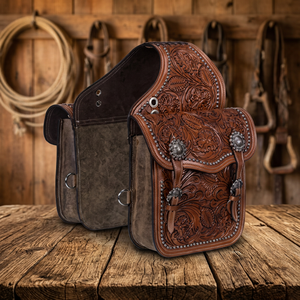 Sac de selle de cheval Western marron en cuir pleine fleur léger fait main, respirant et absorbant la transpiration, avec conchos argentés et motifs floraux gravés - Product Image 2