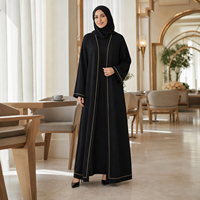 Abaya noire tricotée sur mesure pour femme avec passepoil doré, devant ouvert, manches longues, robe kaftan musulmane, tenue modeste du Moyen-Orient, OEM