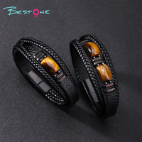 Bracelet en cuir noir classique vintage avec perles en pierre naturelle et fermoir magnétique en acier inoxydable pour anniversaire