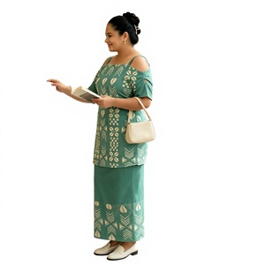 Puletasi Elegante Formal Estilo Floral para Mujer, Manga Hueca, Polinesio Samoano, Poliéster, Adulto, Personalizado, Hombro Descubierto, Conjunto de 2 Piezas para Mujer - Product Image 3