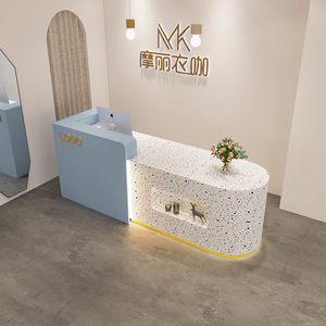 Comptoir d'accueil avec finition brillante blanche et bordure dorée, éclairage LED moderne, salon de beauté, clinique, spa, bureau, hall d'entrée - Product Image 2