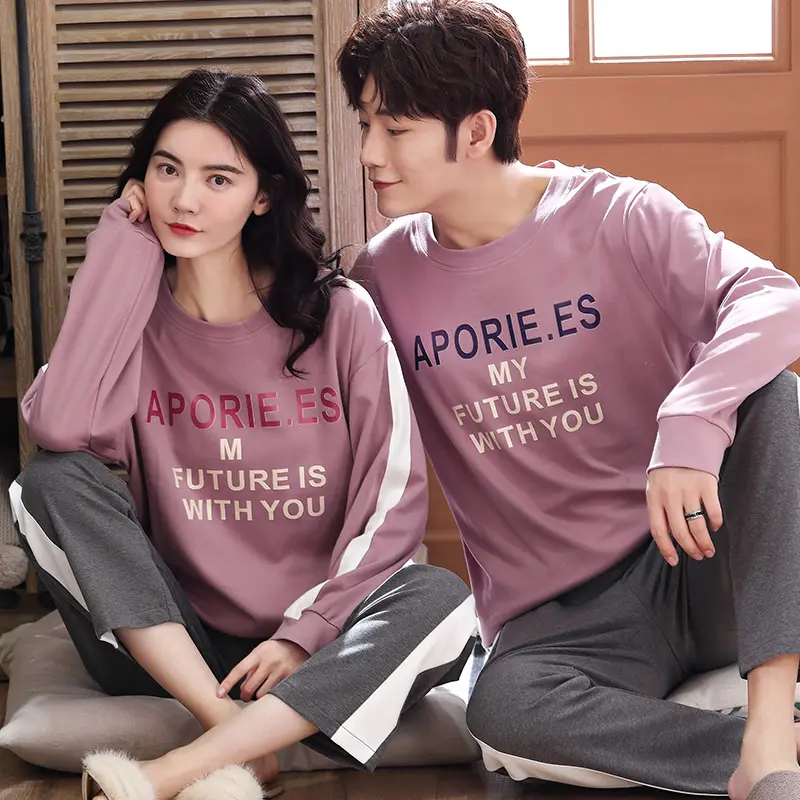 wholesales home dress letter printing cotton plus size cute girls womens couple sleepwear pajamas Korea