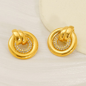 Gold Round Hoop <b>Stud</b> <b>Earrings</b> With <b>Crystal</b> Inlay Geometric Design Everyday Wear - Product Image 3