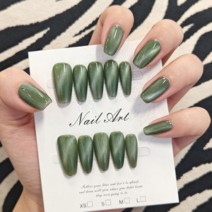 10 faux <span class=keywords><strong>ongles</strong></span> longs en forme de cercueil, <span class=keywords><strong>vert</strong></span> <span class=keywords><strong>olive</strong></span>, effet œil de chat, brillants, amovibles et réutilisables, en acrylique, pour femmes - Product Image 1