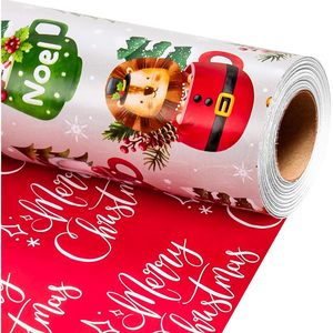 Flyhill Reversible Wrapping Paper Roll 17 Inch X 33 Feet Silver Mug With Animals Red Merry Christmas Design - Product Image 1