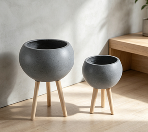 Round Tripod Plant Pot Set of 2, Grey <b>Sphere</b> Flower Planter with Wooden Legs, Indoor Outdoor Decorative Plant Container Wholesal - Product Image 3