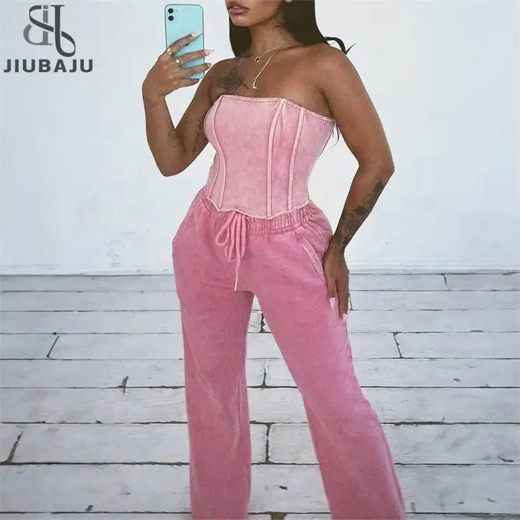 Casual Two Piece Set Women Tracksuit Summer Trend Tube Tops+Wide Leg Pants Xs Women Clothing Sets