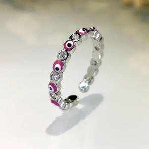 Bague T0824 tendance avec pierres émaillées œil bleu, sertissage pavé, bijou unisexe, forme ronde, ton argenté - Product Image 3