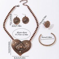Ensemble de quatre pièces vintage occidental avec tête de cheval et cœur, collier, boucles d'oreilles, bague, bracelet, bijoux en cuivre vieilli