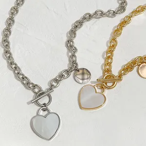Romantic Natural Shell Love Heart Disc Pendants Necklaces Women Chunky 18K Gold Silver Color OT Buckle Link Chain Collar Chokers