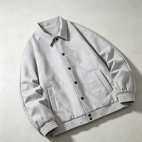 Blouson Bomber Homme en Daim à Col Rabattu, Fermeture Boutons-Pression, Manches Raglan Amples, Résistant au Vent, Vêtement d'Extérieur Quotidien pour l'Automne, avec Logo