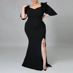 Plus Size XXXXL Female Spring Halbarm Kleid Fat Women's Solid Color Rüschen Langes Abendkleid