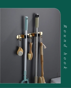 Support <span class=keywords><strong>mural</strong></span> en acier inoxydable de haute qualité pour <span class=keywords><strong>balai</strong></span> et serpillière avec 3 clips et 4 crochets, rangement d'outils, organisateur pour salle de bain - Product Image 5
