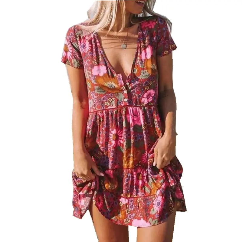 Wholesale Plus size women V-neck Clothing floral print dresses short sleeve S-5XL Casual Dress