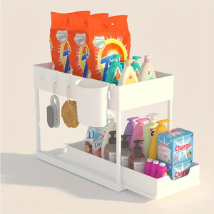 Étagère de rangement double couche avec <span class=keywords><strong>tiroir</strong></span>, paniers de cuisine extractibles avec crochets pour salle de bain - Product Image 5