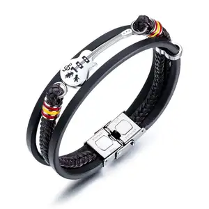 Adjustable Music Guitar Multi Layer Real Leather 316L Stainless Steel Bracelet Mens European Jewelry Bangle