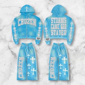 Tute Sportive Personalizzate Stile Vintage con Zip Effetto Lavato e Usurato, <span class=keywords><strong>Pantaloni</strong></span> a Zampa Traspiranti con Ricamo, Vestibilità Comoda Stile Street - Product Image 2