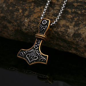 yunnique Thor's Hammer Pendant Stainless Steel Two Tone Gold 60cm <b>Chain</b> Retro Viking Style <b>Men's</b> Necklace Gift - Product Image 3