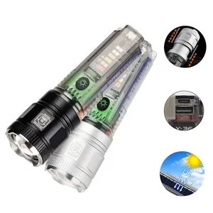 Solar Rechargeable Flashlight Zoomable Super Bright White Laser Beads Lamp Multifunction Camping Telescopic Focusing Torch