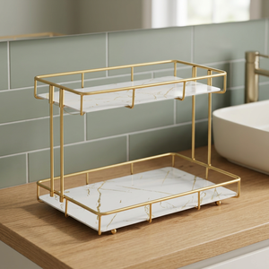 Modern Double Tier <b>Storage</b> <b>Rack</b> Rectangular Gold Metal Vanity Organizer Bathroom Countertop Shelf Makeup Cosmetic Holder - Product Image 3
