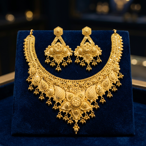 Parure de bijoux florale plaquée or de haute qualité pour femme, collier et boucles d'oreilles classiques pour mariage, avec chaîne en boîte, vente en gros - Product Image 2