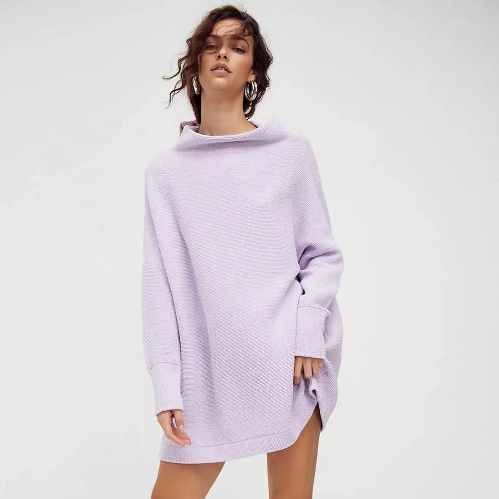 Autumn winter light purple lady oversized knitwear pullover turtle neck sweaters women tops wholesale