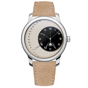 Reloj mecánico de lujo personalizado OEM con esfera azul, fase lunar, calendario automático retrogrado, caja de acero inoxidable de 40 mm y correa de cuero. - Product Image 2