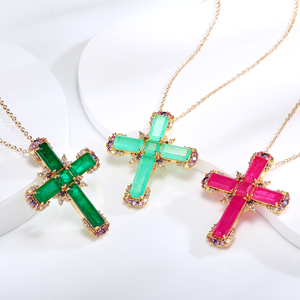 Vientiane Jewelry Collana Semplice con Ciondolo a Forma di Croce con Smeraldo di Laboratorio e Tormalina Paraiba Gioielli da Sposa per Donna - Product Image 1
