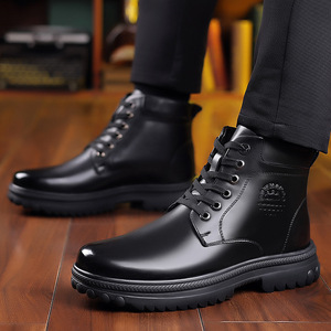Bottes Martin pour homme en cuir véritable, hauteur cheville, bout rond, doublure en fourrure, semelle extérieure en caoutchouc, bottes chaudes isolantes pour l'hiver - Product Image 2