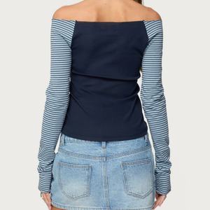 เสื้อครอปแขนยาวลายทางแบบสั่งทำสำหรับผู้หญิง เสื้อยืดผู้หญิงทรงเข้ารูปเซ็กซี่ สวมใส่สบายๆ สำหรับฤดูใบไม้ผลิและฤดูใบไม้ร่วง - Product Image 2