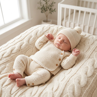 Ensemble bébé personnalisé OEM 100% coton tricot nid d'abeille, pull, leggings, bonnet pompon festonné, 3 pièces unisexe, vente en gros, couleur crème