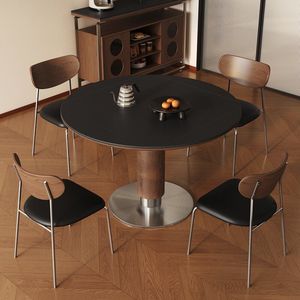 Table à manger ronde victorienne moderne pour petits appartements, plateau en pierre frittée, bois massif, table à manger 4 places - Product Image 5