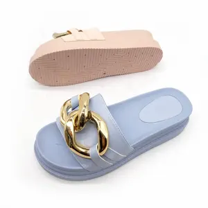 High Heel Womens Summer Slippers with Soft memory foam and Metal Decor PU upper Slippers for women outdoor