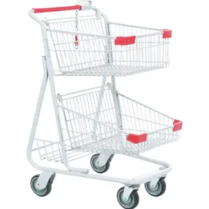 Dubbele Manden Winkelwagen Goedkope Push Winkelen Manden Met Wielen 2 Manden Trolley Metalen Frame Supermarkt Winkelwagen