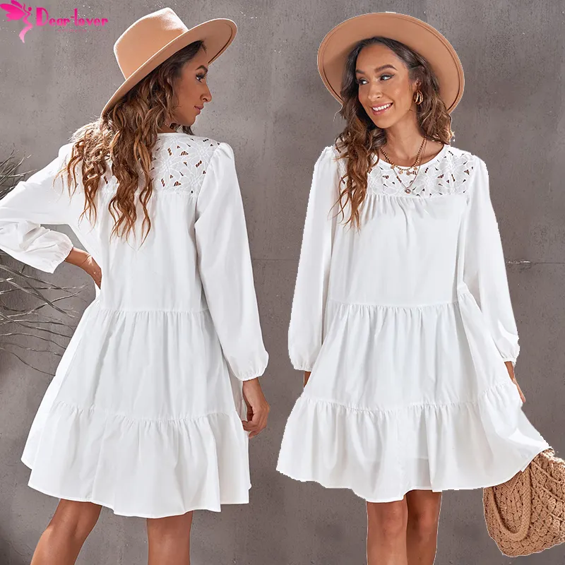 Dear-Lover Private Label New Ladies Summer Dress Eyelet Lace Bubble Sleeves Mini Dress For Women
