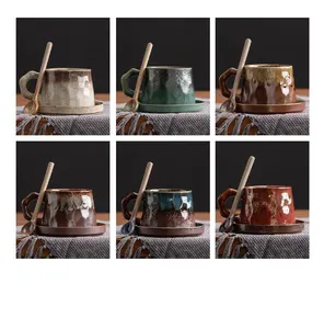 Buatan tangan Vintage Retro dapat digunakan kembali Jepang reaktif Glaze Stoneware Cappuccino piring Set tembikar keramik Mug cangkir teh
