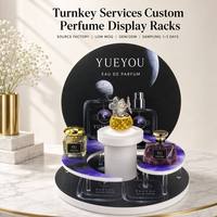 Présentoir à parfums en acrylique à niveaux en spirale motif galaxie, avec fond céleste circulaire, présentoir de comptoir multi-niveaux