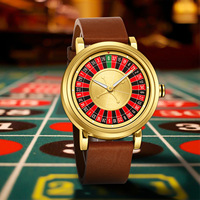 Montre Roulette Rotative 3D avec Logo Personnalisé, Boîtier en Alliage Doré, Bracelet en Cuir Noir, Style Casino Hangzhou, Design Unique et Créatif