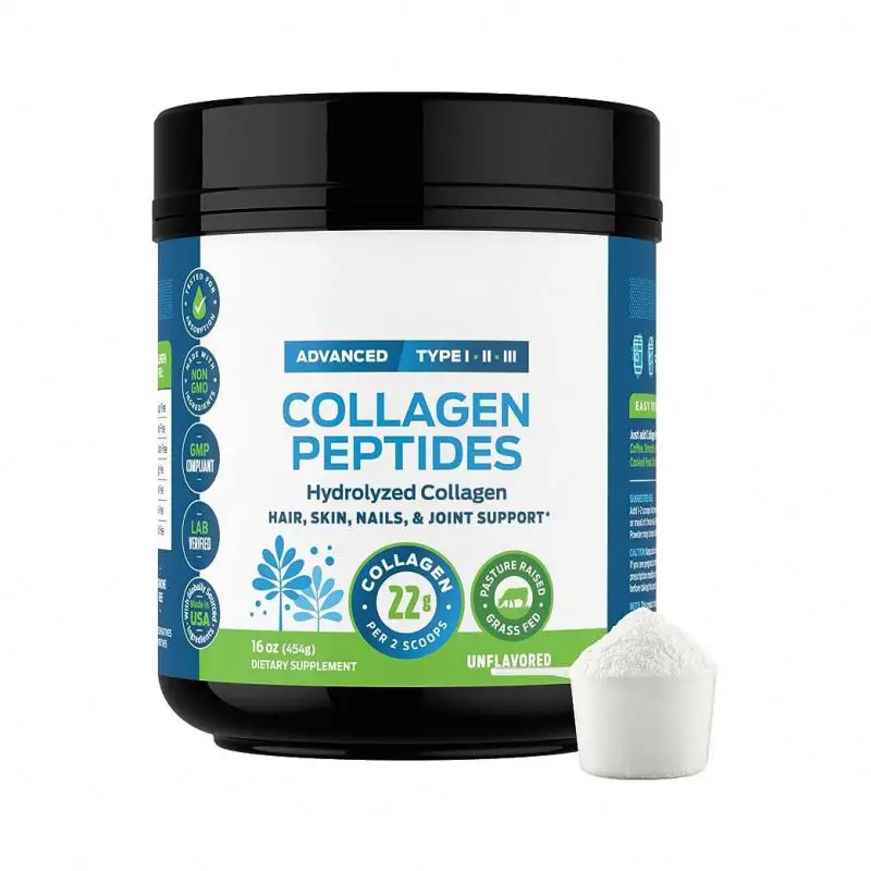 El polvo de proteína sin sabor de péptidos de colágeno se mezcla con bebidas y alimentos, pastos alimentados con hierba elevada para articulaciones y huesos